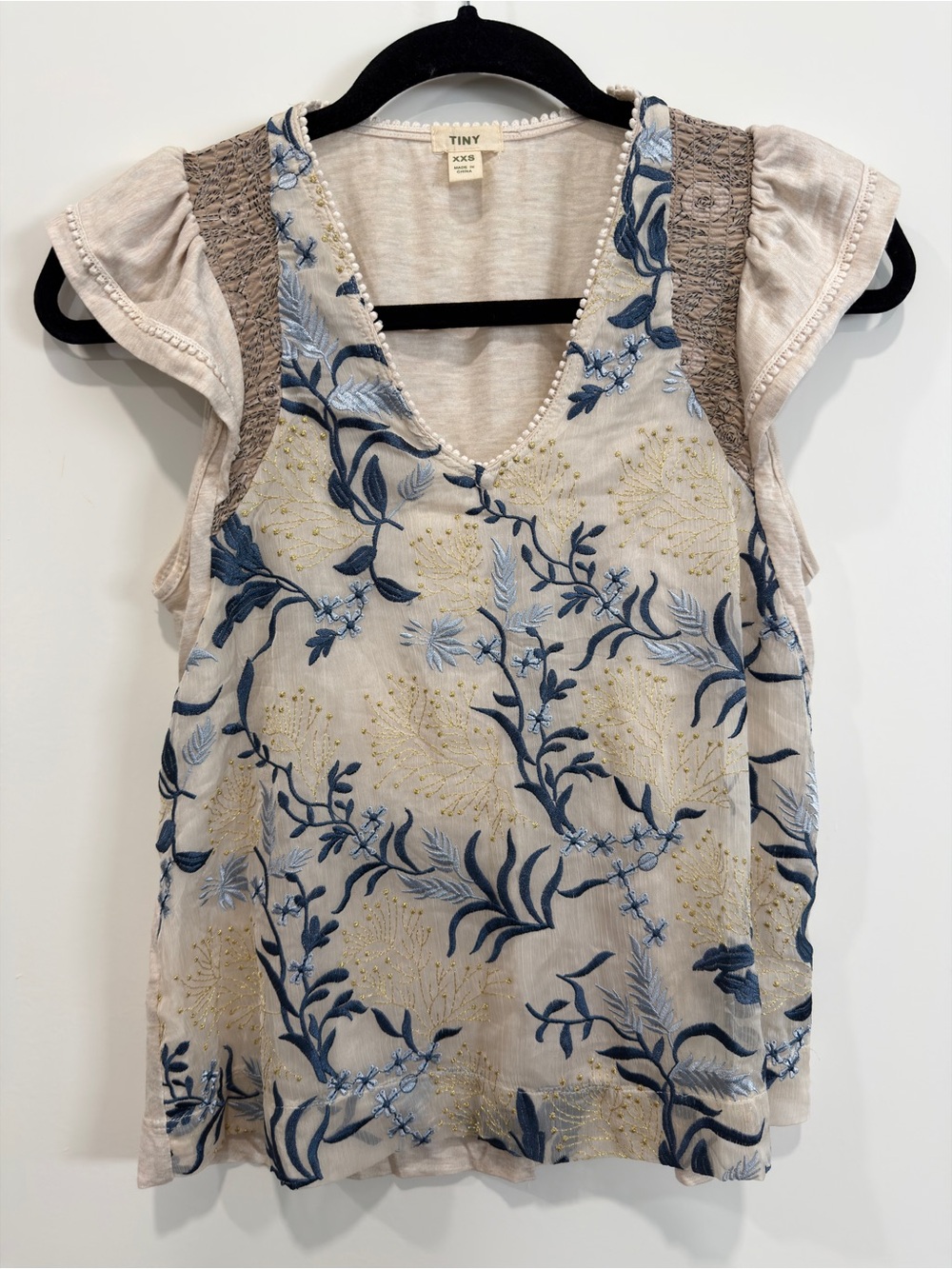 Anthropologie V-Neck Embroidered Beige & Blue Women's Top